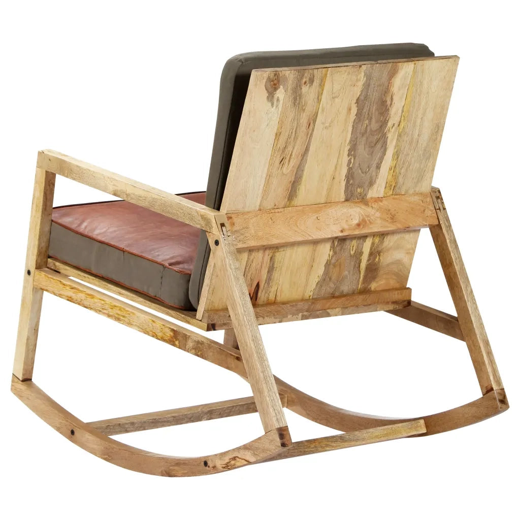 Sedia a Dondolo Marrone in Vera Pelle e Legno Massello di Mango 282906