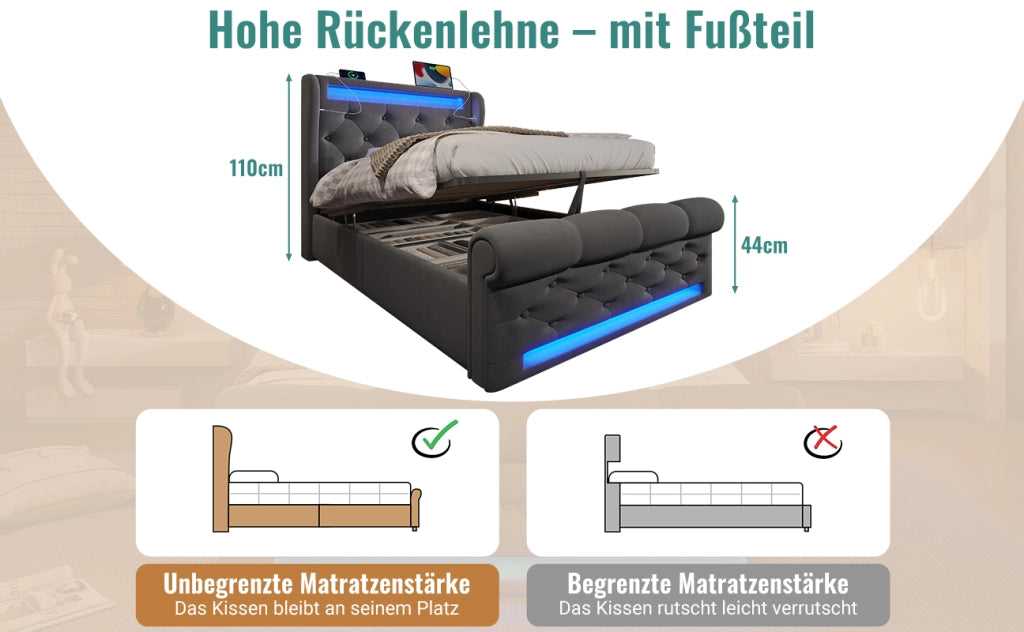 DESMIU Letto contenitore 90 × 200 cm 1 posto con LED, USB, Type-C e contenitore, senza materasso, velluto grigio