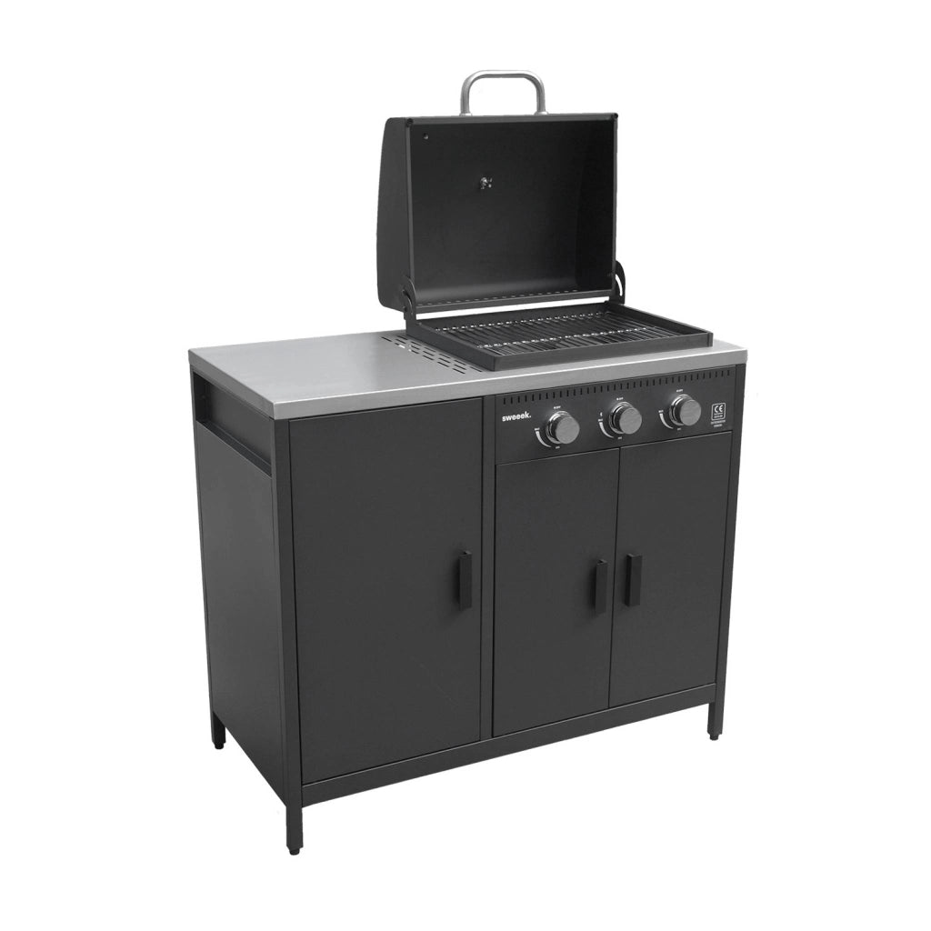 Barbecue a gas 3 bruciatori, 3 ante, 2 spazi di stoccaggio, nero