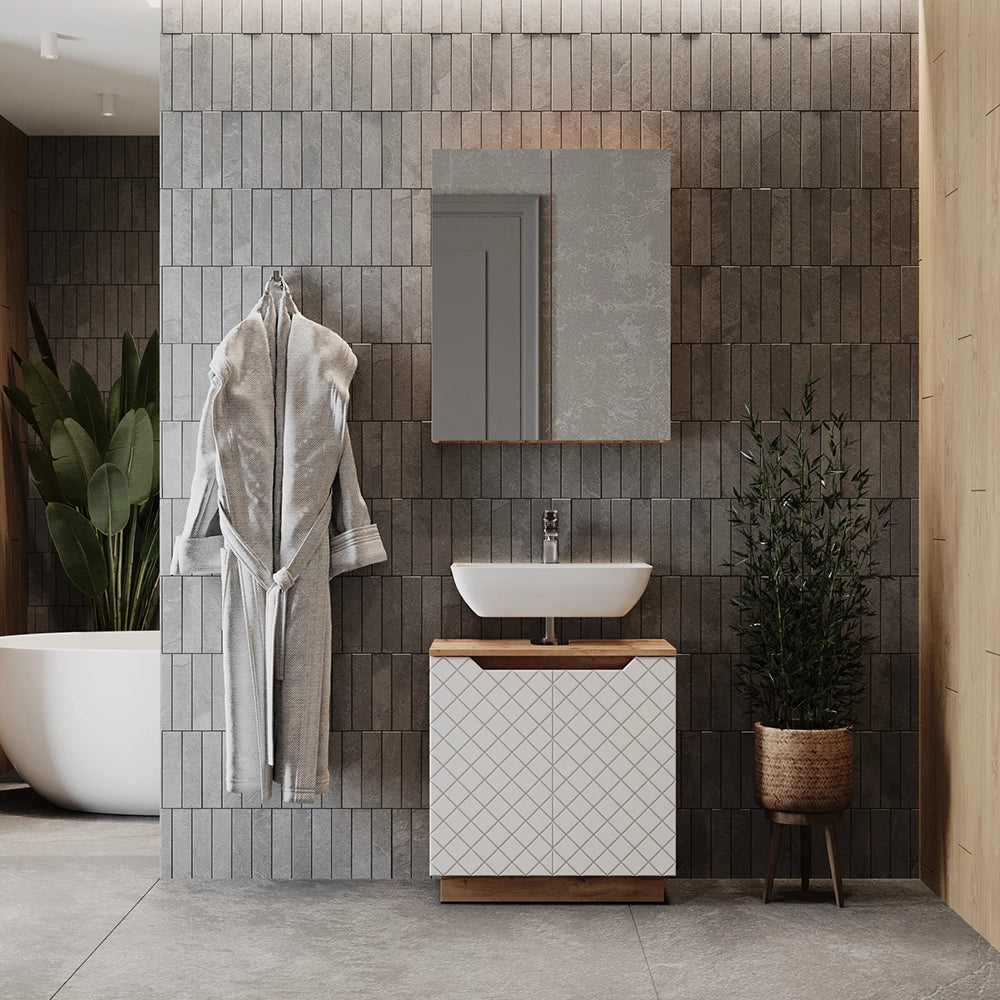 Vicco Set di mobili da bagno Rovere/bianco con struttura in piastrelle 2 parti
