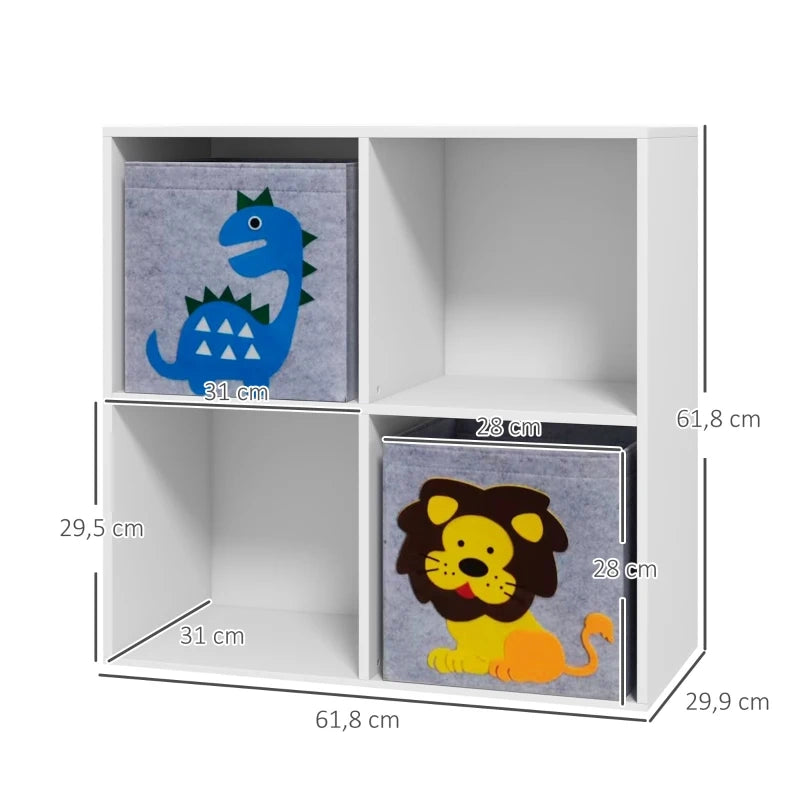 Libreria per bambini con 2 cassetti portaoggetti, scaffale salvaspazio in legno bianco, 61,8 x 29,9 x 61,8 cm