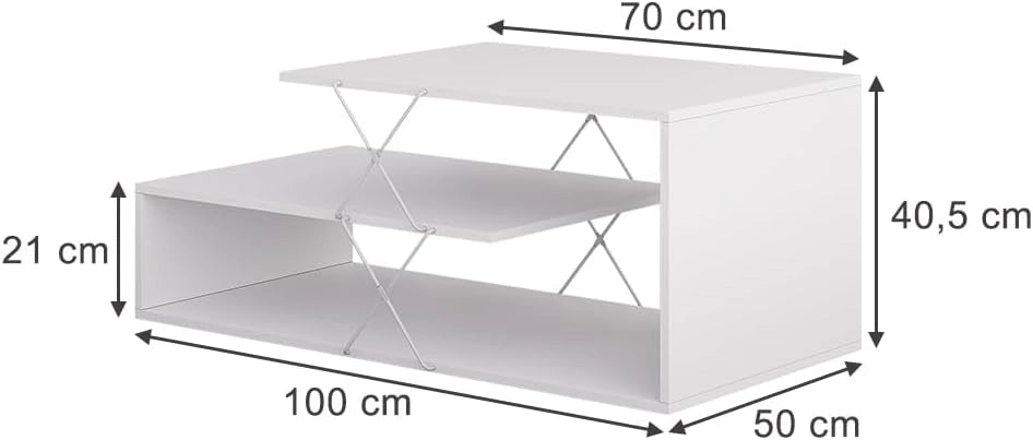Tavolino da salotto Nario, Bianco, 100 x 50 cm, con ulteriore ripiano per la conservazione di riviste