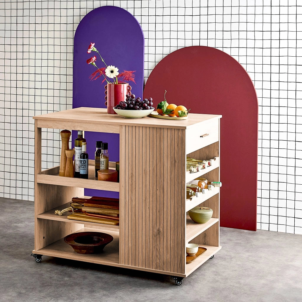 Carrello da cucina effetto legno con portabottiglie, 100cm, marrone