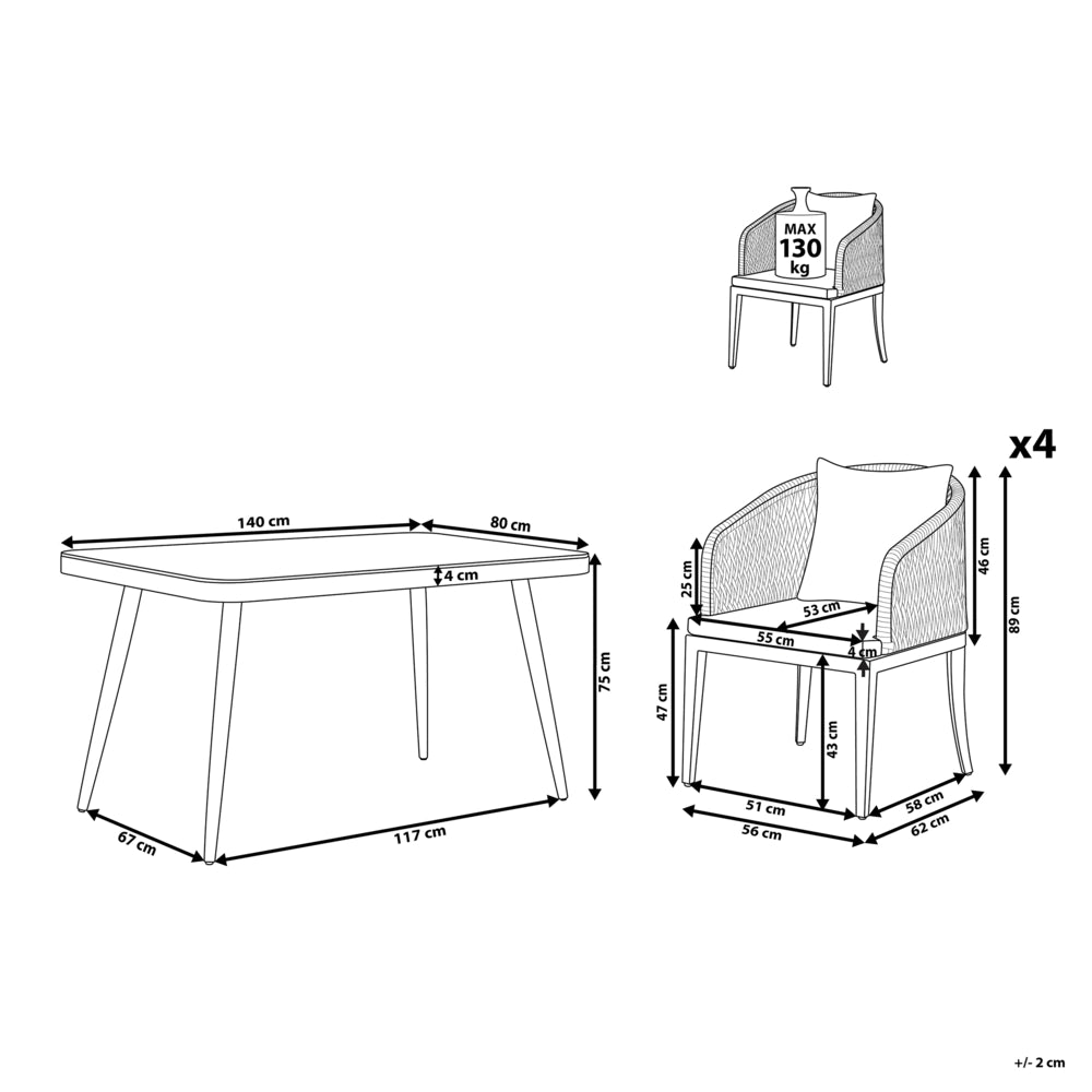 Set da pranzo da giardino 4 posti in metallo grigio alluminio finitura opaca tavolo da esterno 4 sedie cuscini moderno