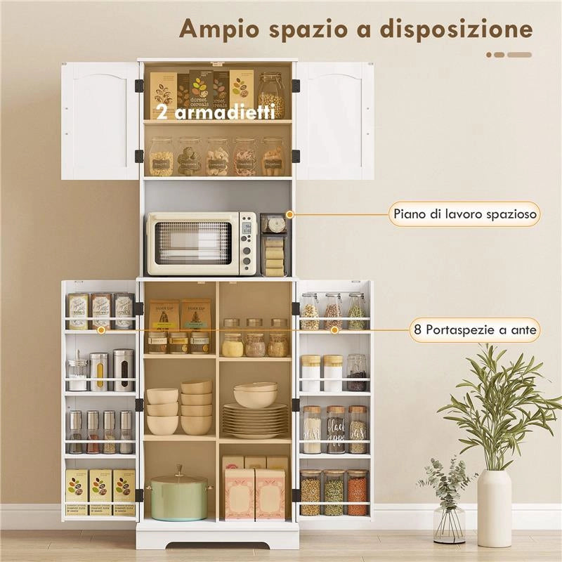 CREDENZA DA CUCINA ALTA STILE COUNTRY, 2 ARMADIETTI E 8 PORTASPEZIE, 60X40X181.5 CM, BIANCO