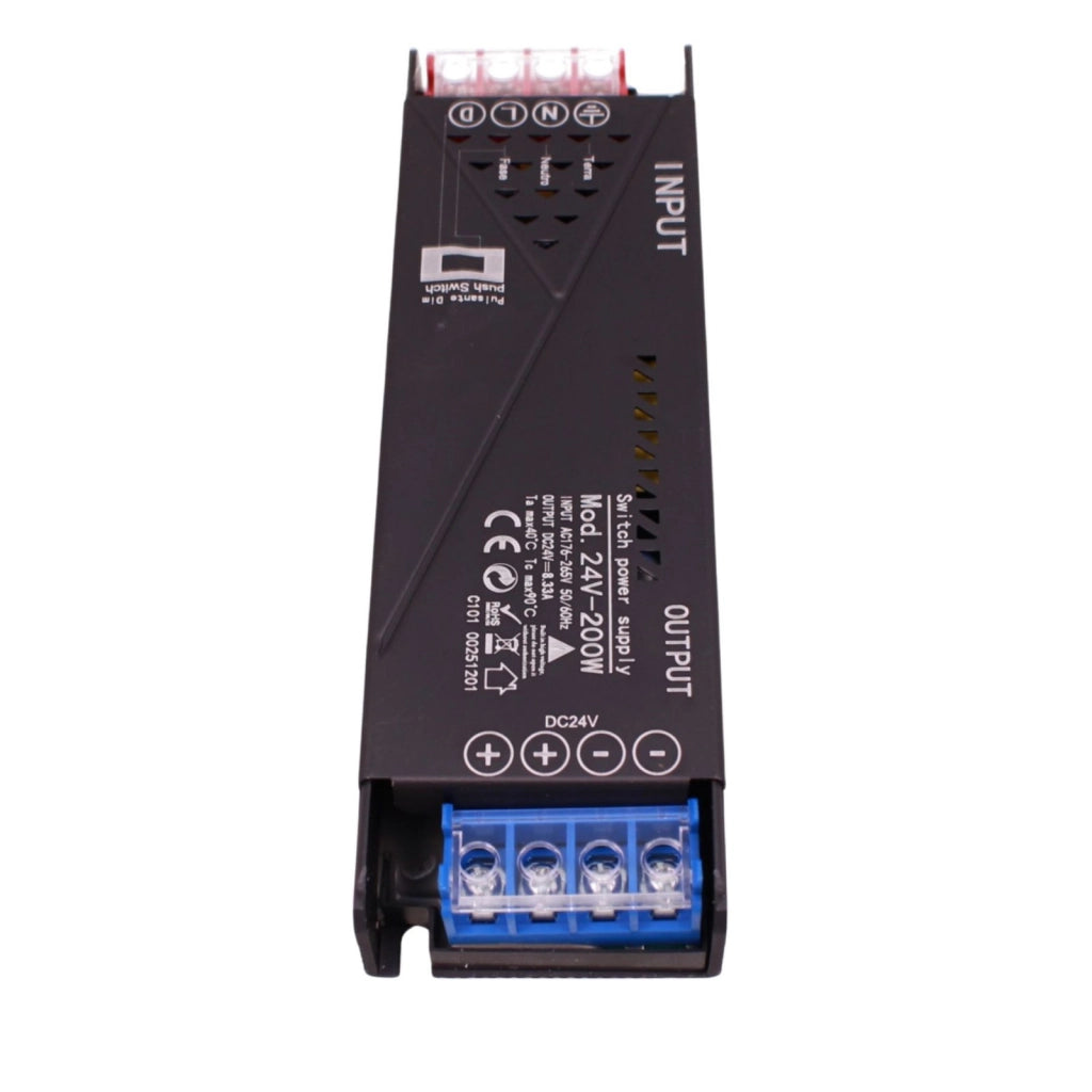 Alimentatore Trasformatore 24V Push Dimmer, Dimmerabile Con Pulsante NO (10-100%), Memoria Dopo Blackout, Spegnimento Soft, 2 Uscite, Input 220V IP20, Disponibili 100W 200W 300W 400W (200W)