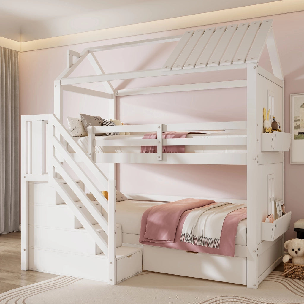 Letto a castello per bambini 90x200 cm con scala contenitore, cassetti e ripiani, senza materasso, bianco