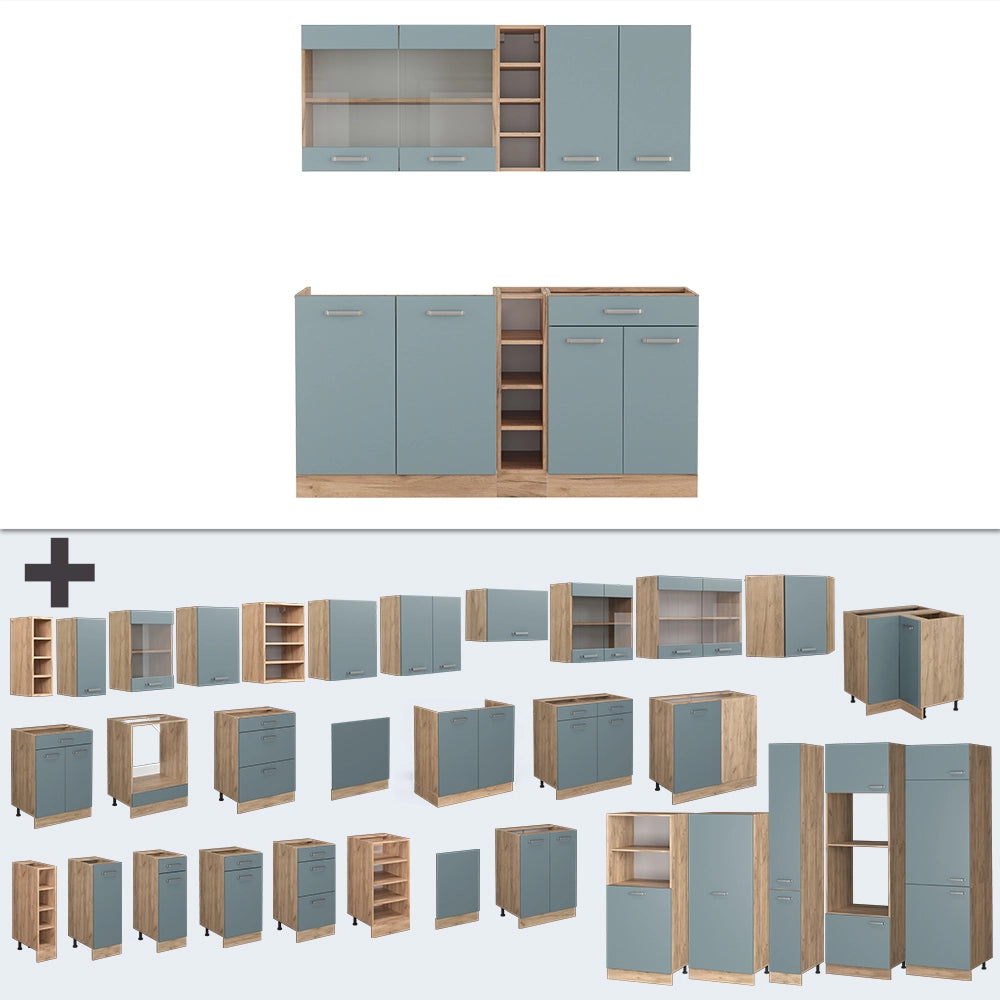 Vicco Cucina monoblocco Rovere blu-grigio/oro 160 cm Senza piano di lavoro