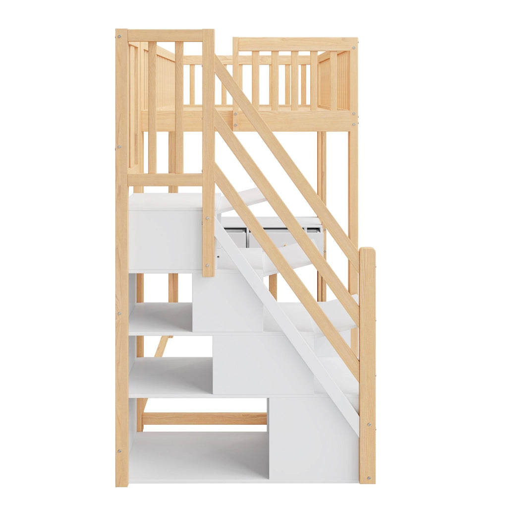 Letto a soppalco 90x200 cm con tavolo multifunzione; scala contenitore; in pino bianco e rovere chiaro