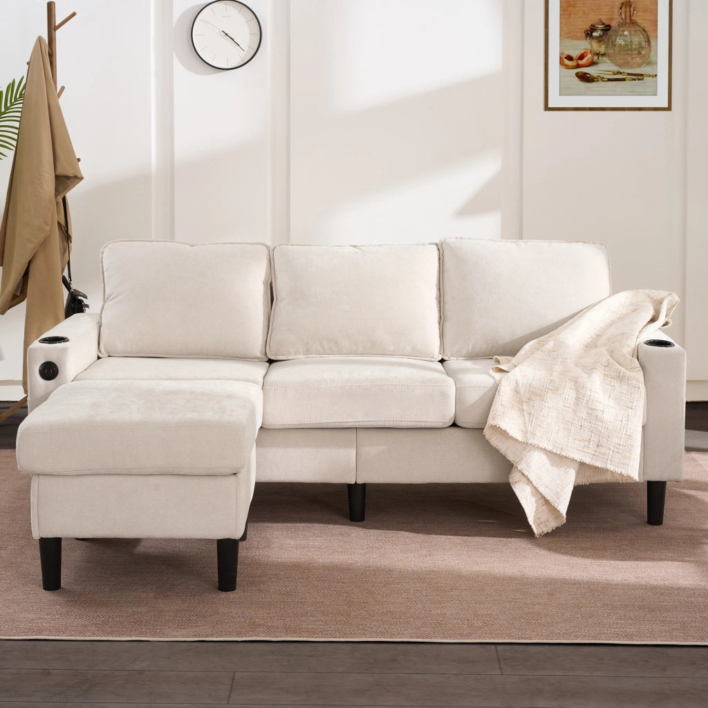 Divano 3 Posti Beige a Forma di L in Lino con Pouf e Porte USB