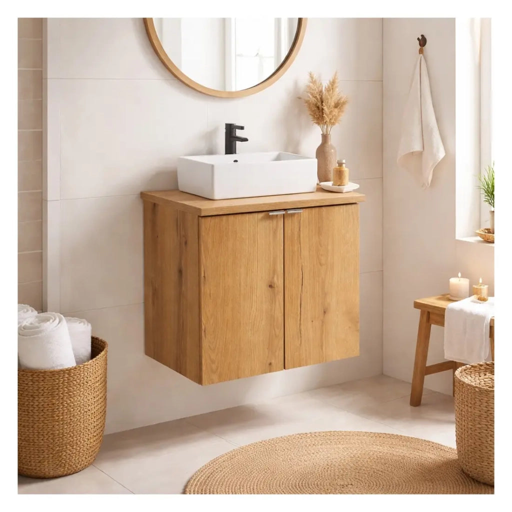 Set VANO effetto quercia 50cm: mobile sottolavabo con ante + piano per lavabo + lavabi da appoggio rettangolari