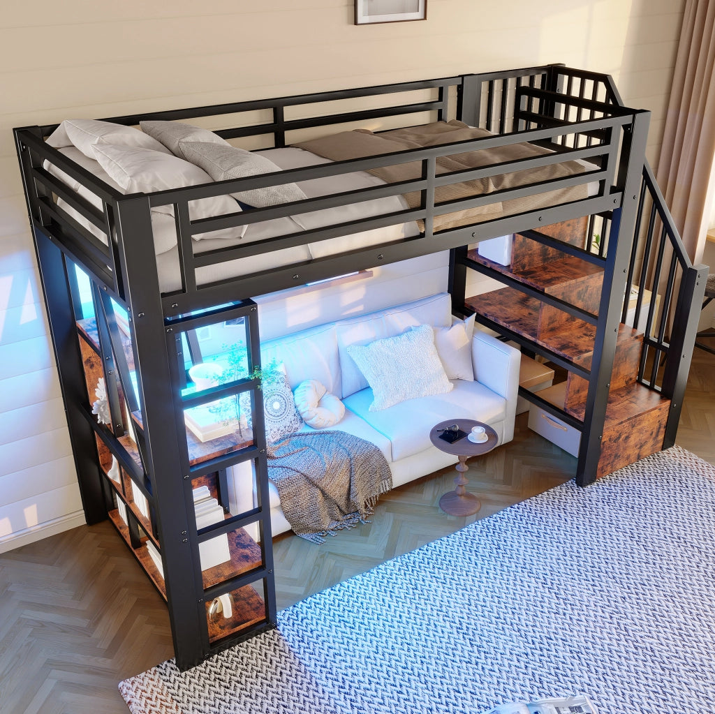 Letto a soppalco 90x200 cm in metallo e MDF con LED; ripiani e scala contenitore nero