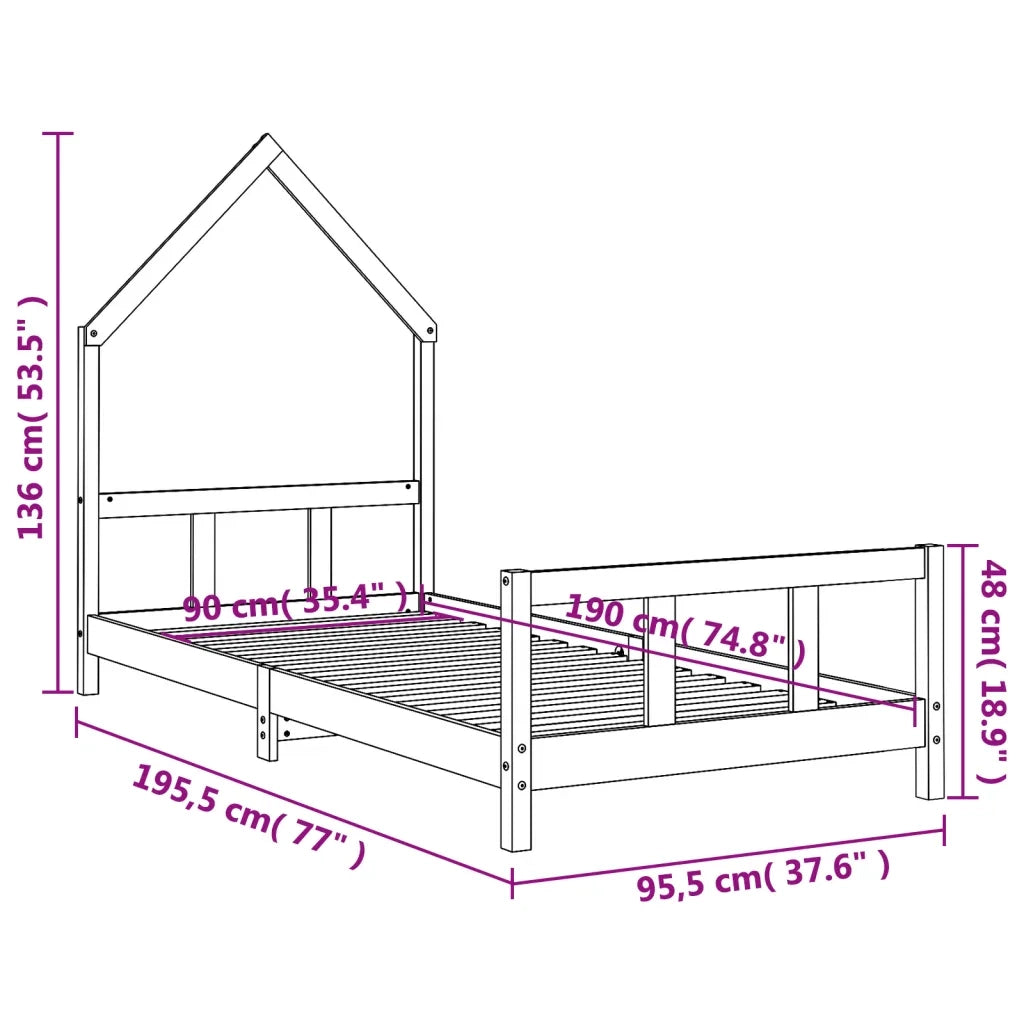 Giroletto per Bambini Nero 90x190 cm in Legno Massello di Pino 834563