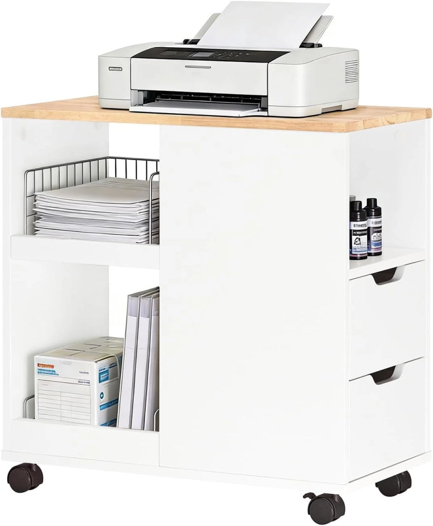 Supporto per Stampante con Ruote – Mobiletto per Stampante con Cassetti e Vani, Tavolino Multifunzionale per Ufficio e Home Office, L60xP30xH60 cm, FBT130-WN