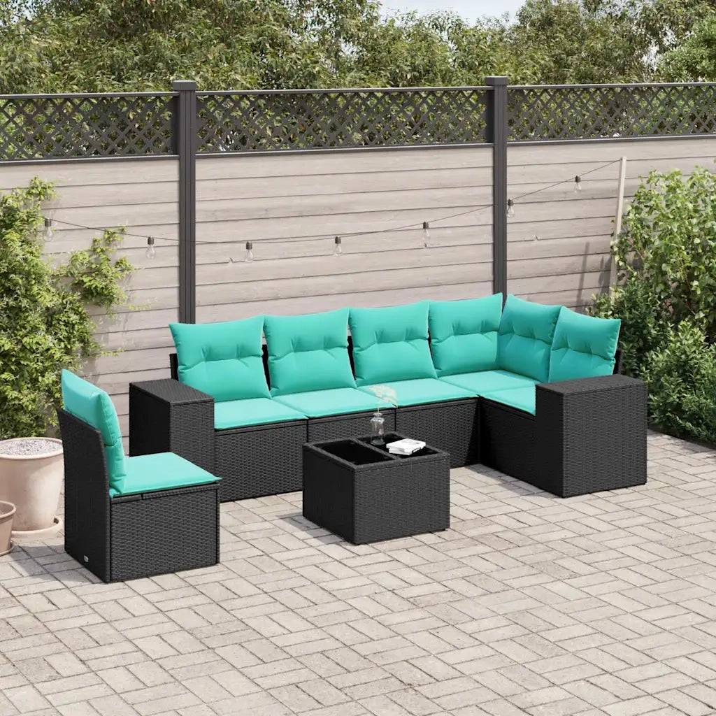 Set Divani da Giardino 7 pz con Cuscini Nero in Polyrattan 3222636