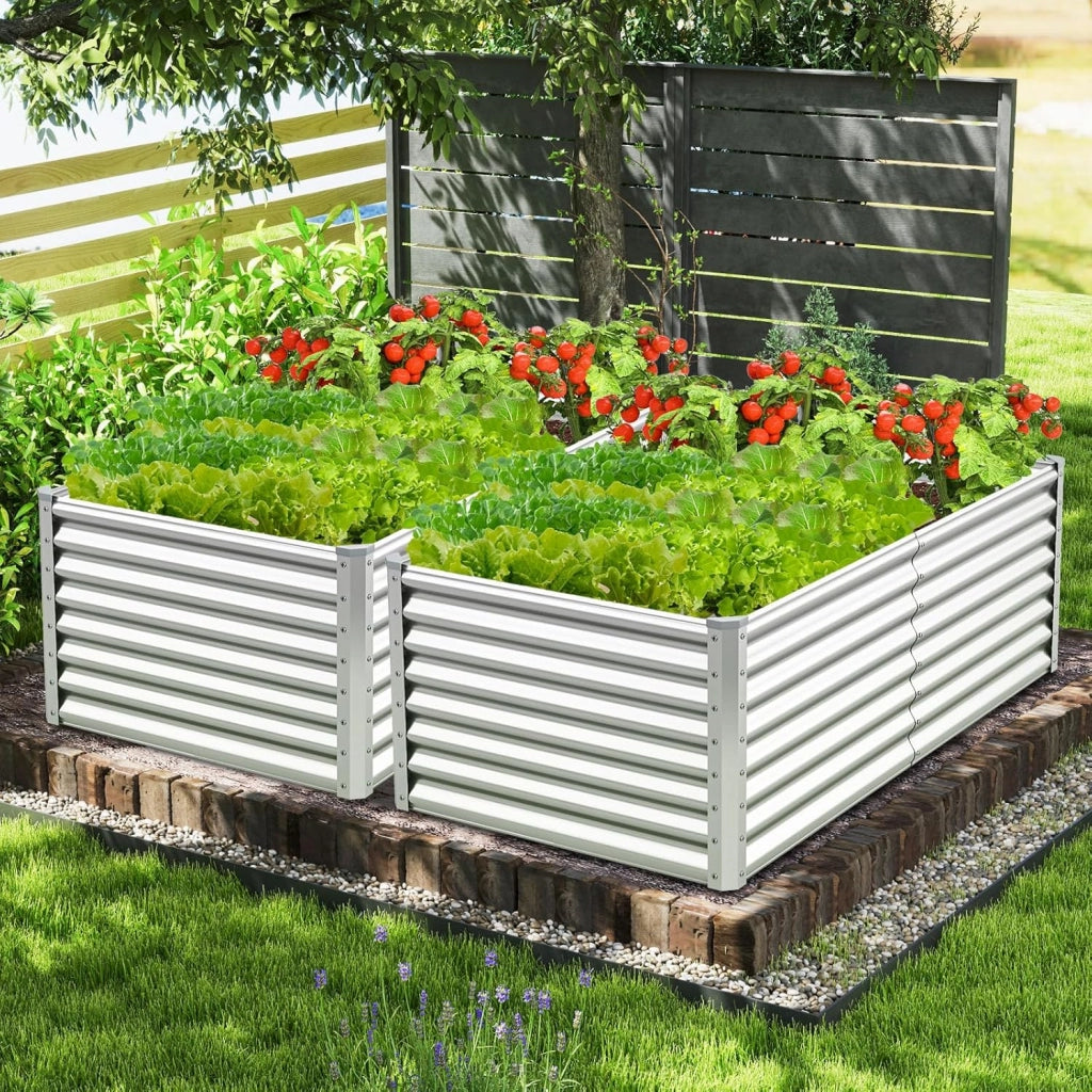Letto da Giardino Rialzato in Metallo, Orto Rialzato con Design a Fondo Aperto, Protettori d'Angolo Rinforzati, Aiuola Rialzata da Esterno per Verdure, Fiori e Erbe Aromatiche (Argento)