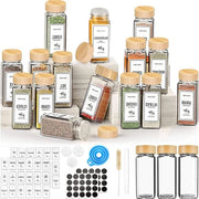 Set di contenitori per erbe - 12 pezzi - Contenitori in vetro con coperchi in bambù - 113 ml - Coperchi agitatori - Inclusi 120 etichette per erbe - Per contenitore per erbe e ripiano - Contenitori in vetro trasparenti