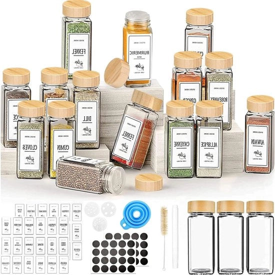 Set di contenitori per erbe - 12 pezzi - Contenitori in vetro con coperchi in bambù - 113 ml - Coperchi agitatori - Inclusi 120 etichette per erbe - Per contenitore per erbe e ripiano - Contenitori in vetro trasparenti