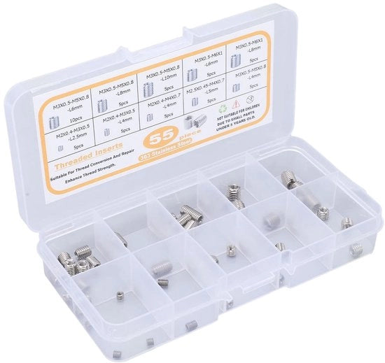 Viti a vitiello in acciaio inossidabile 55 pezzi - Inclusa scatola di conservazione - Adatti per mobili in legno - Diverse dimensioni M2/M2,5/M3