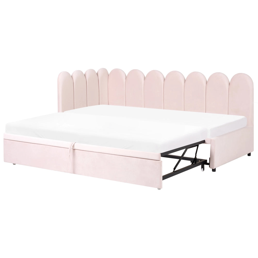 Letto a castello rivestito in velluto rosa pastello 90/180 x 200 cm con rete a doghe
