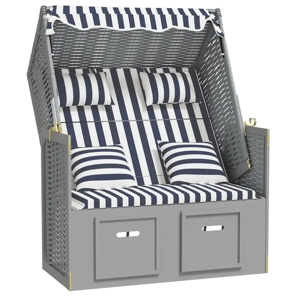Strandkorb con Cuscini Polyrattan e Legno Massello Blu e Bianco CFW6330340