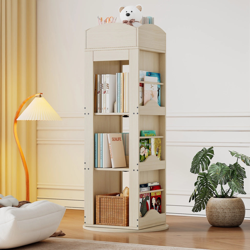 Libreria girevole 360° in MDF naturale, scaffale salvaspazio multifunzione per libri e giochi