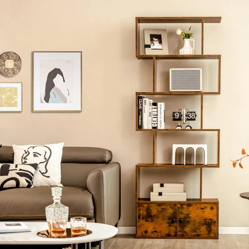 Scaffale a 6 Ripiani con cassetto, Libreria Autoportante, Scaffale da Terra, Design Moderno, 70 x 23 x 183 cm, Bianco/Marrone/Nero (Marrone)