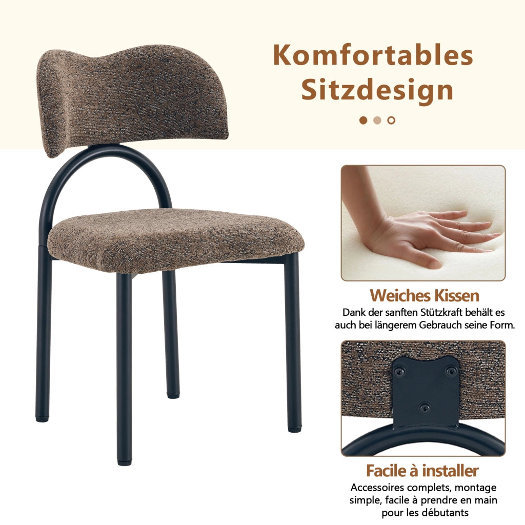Set di 2 sedie da sala da pranzo moderne imbottite con schienale curvo e struttura in metallo nero, tessuto marrone