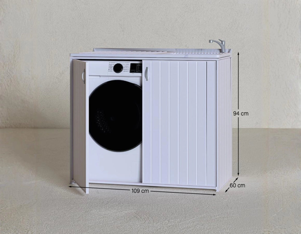 Mobile coprilavatrice Candida - Con 2 ante e lavatoio - Contenitore salvaspazio per interni ed esterni in pvc- Lavatrice e miscelatore non incluso - 109 x 94 x 60 cm_