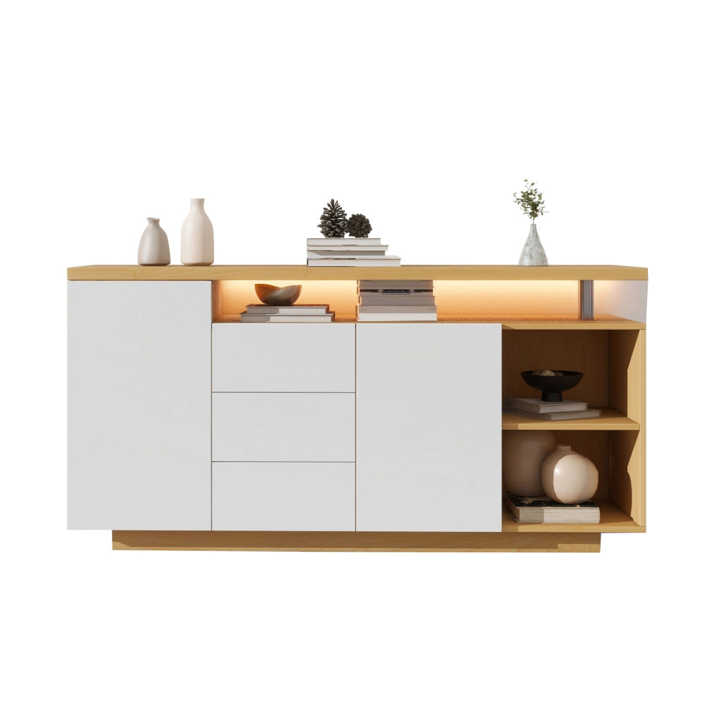 Credenza 140x40x70 cm con illuminazione LED e spazio contenitivo in truciolato bianco e rovere chiaro