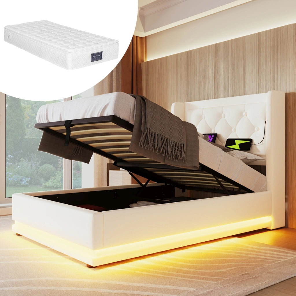 LETTO Imbottito 90x200 cm in PU Bianco con USB Tipo-C e LED, contenitore idraulico