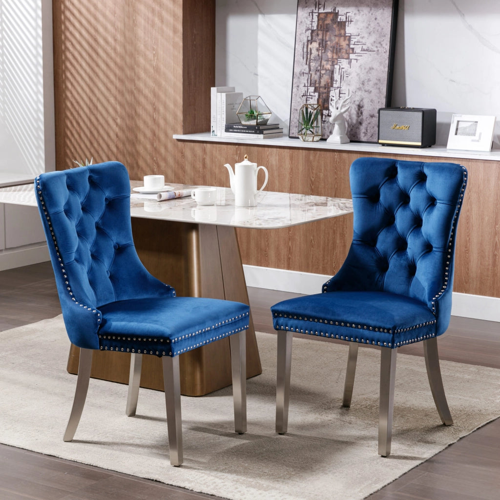 Sedie da Pranzo Imbottite in Velluto ¨C MINIMAL ¨C Set 2 Pezzi, Legno Massello, Gambe Cromate, Blu