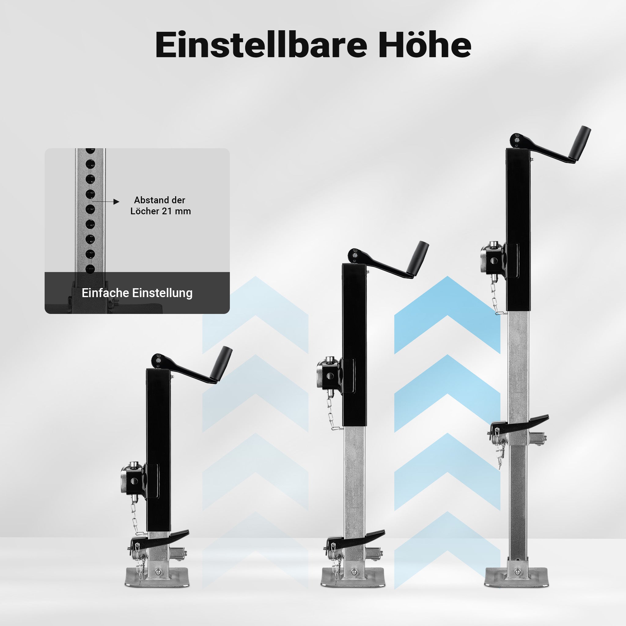 Piede stabilizzatore per rimorchi roulotte, max 900 kg, regolabile in altezza con manovella, con pedale e perno di sicurezza