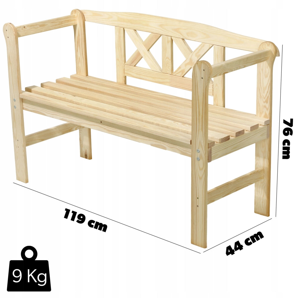 Panchina da giardino in legno KADAX con schienale, 119 cm, per giardino e terrazzo, colore naturale.