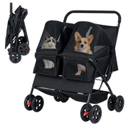 Passeggino doppio animali carrozzina 2 posti tettuccio regolabile, Passeggino doppio animali cuscino sicurezza Nero