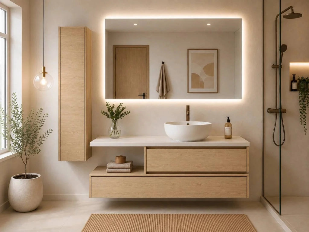 Mobile bagno componibile MENORCA con 2 moduli da 60 e 120 cm, piano top da 120 cm con lavabo e colonna, senza specchio