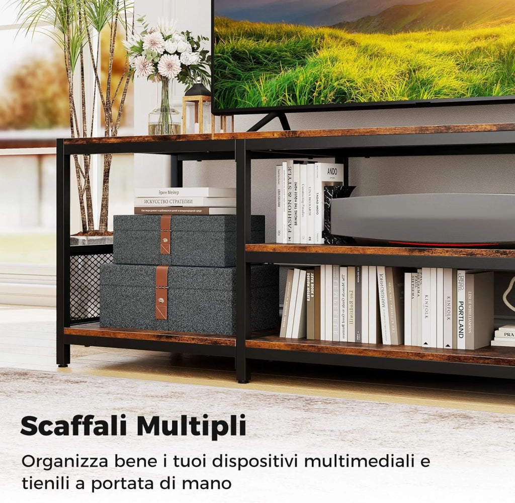 Mobile TV fino a 65’’, Mobile Porta TV con Mensole Aperte, Consolle Media Industriale, Centro Intrattenimento Basso Salotto, per Soggiorno e Camera da Letto