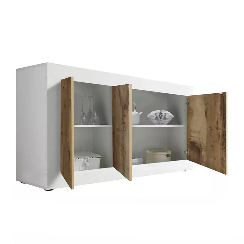 Credenza Faustin, Buffet da soggiorno, Madia da salotto, Dispensa da cucina, Made in Italy, 160x43 h86 cm, Bianco e Acacia