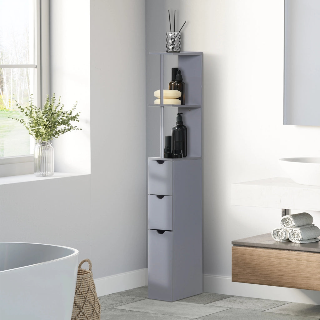 Mobile Colonna Bagno con Ripiani Aperti e Cassetti, in Legno, 15x33x136.8 cm, Grigio