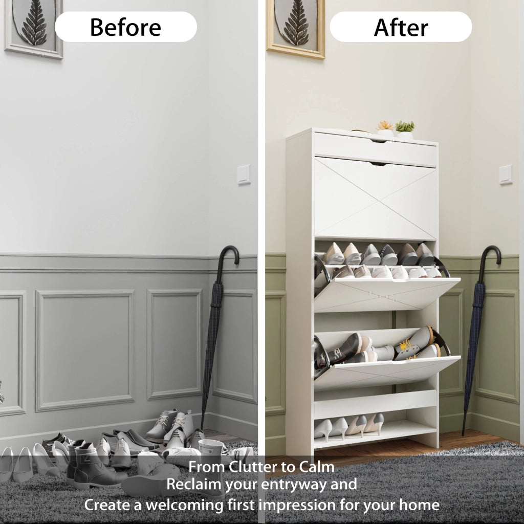 Scarpiera con 3 vani a ribalta e cassetto superiore; ripiani regolabili; per ingresso; in MDF; 43×23×147 cm; bianco