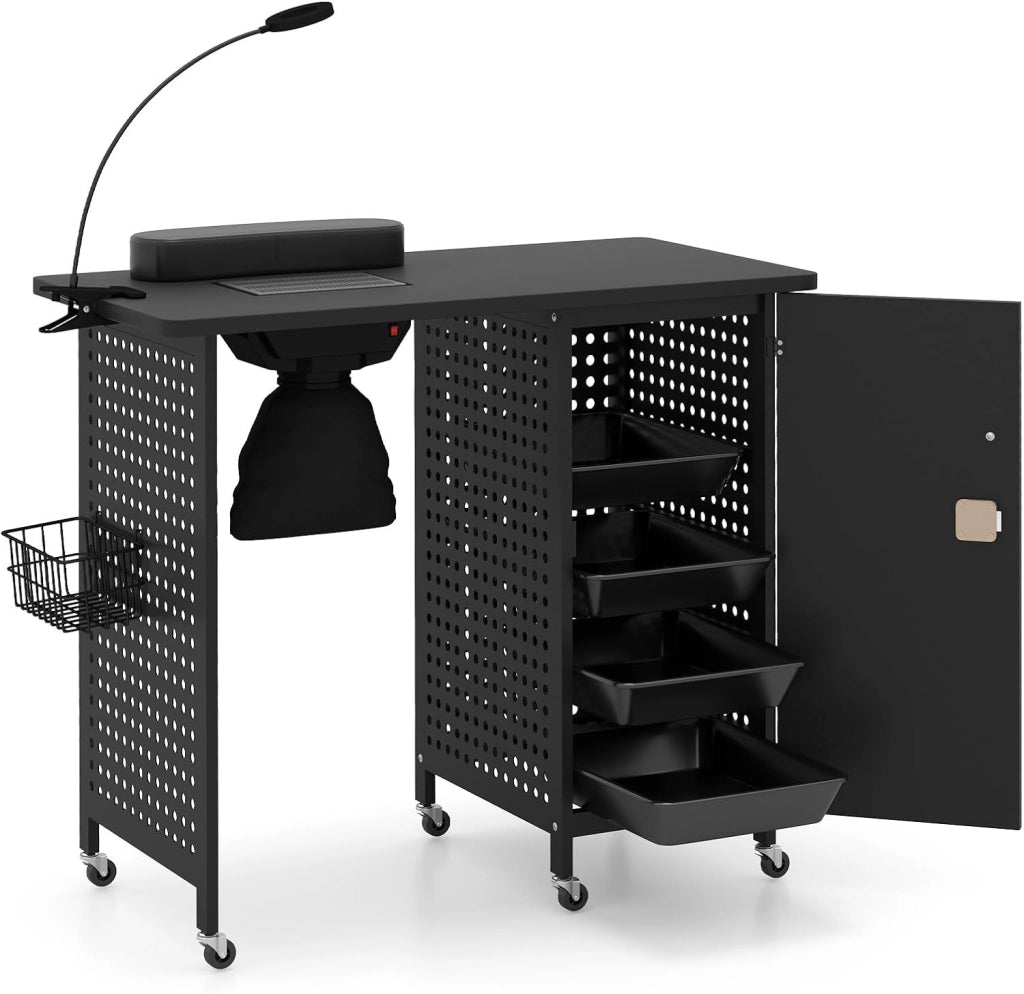 Tavolo Manicure con Aspiratore, Tavolo per Unghie con 6 Ruote Bloccabili, Sacchetti per Polvere, Armadio Chiudibile con 4 Vassoi, Poggiapolsi, Lampada LED e Cestino Metallico, 90x79x45cm