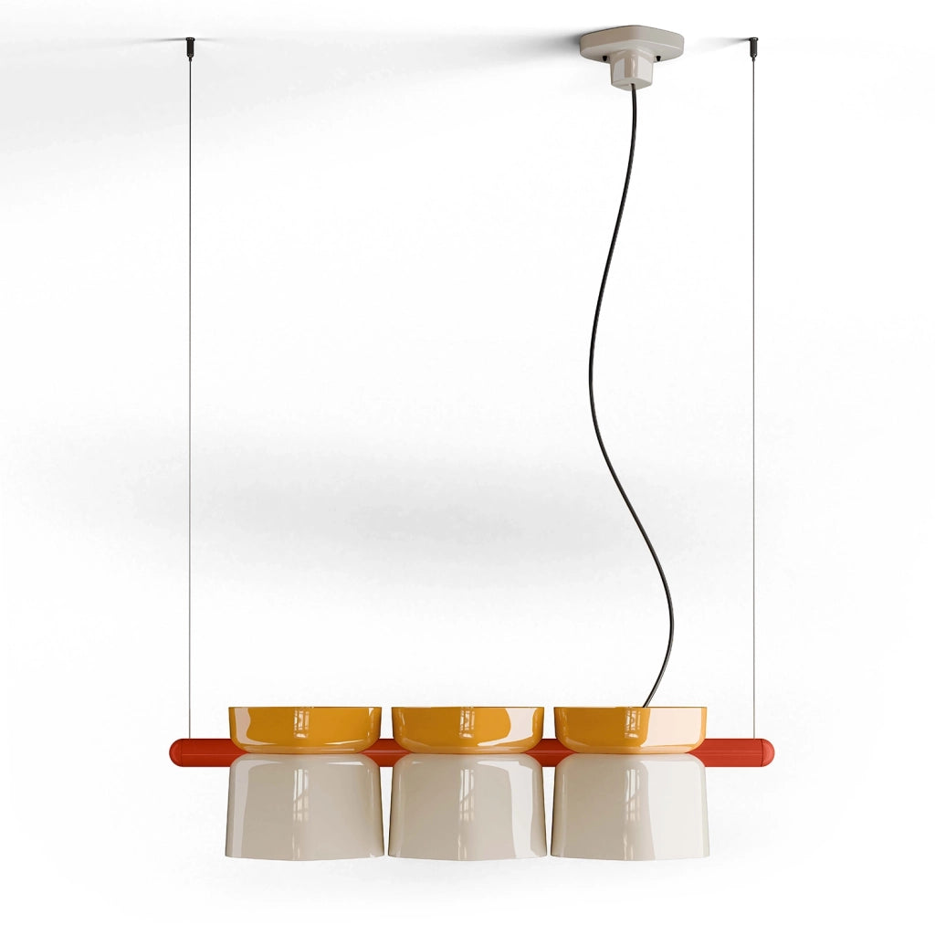 Lampadario Decò Yakitori Ceramica Giallo Crema Metallo Rosso 3 Luci E27
