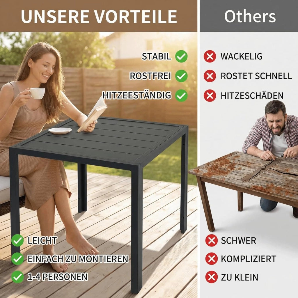 Tavolo da giardino in Alluminio, 75x75 cm Quadrato Tavolo da Esterno in Metallo per Balcone Terrazze, Inossidabile, Resistente Alle Intemperie, Facile da montare, Nero, Ampio Pannello 11 cm