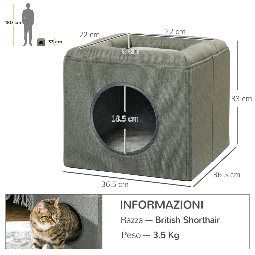 Casetta per Gatti a 2 Livelli con Cuscino in Peluche. in Legno. Poliestere e Plastica. 36.5x36.5x33 cm. Verde