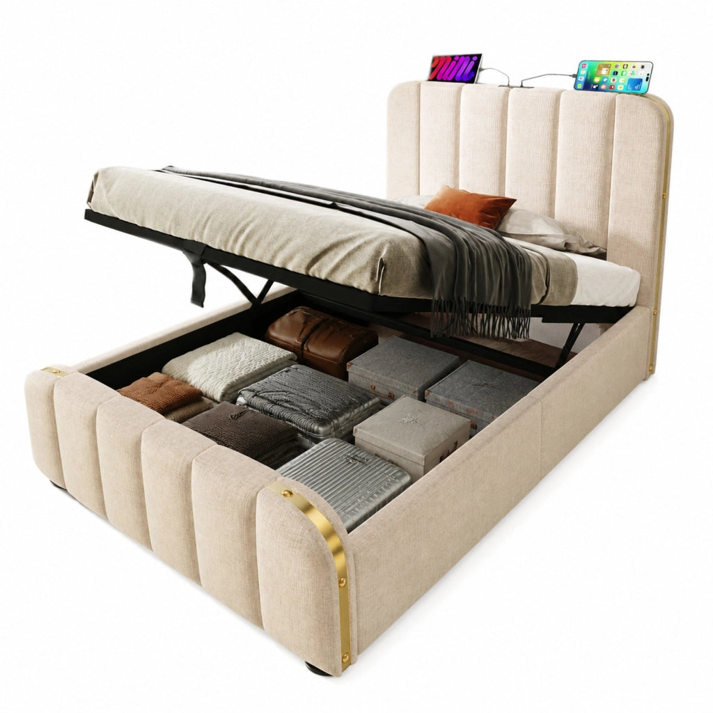 Letto singolo imbottito 90x200 cm beige con USB-C, vano idraulico e rete