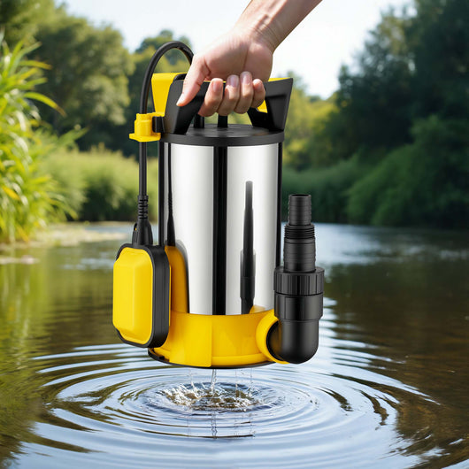 Pompa sommersa ad aspirazione piatta 3in1 850 W, portata 15000 l/h, per acque chiare e scure, con galleggiante e termoregolazione, per cantine, stagni, piscine, pozzi