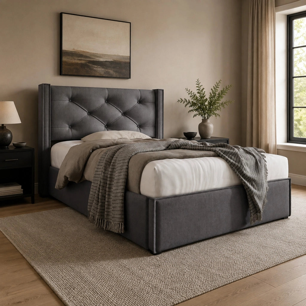 Letto singolo imbottito con contenitore 90x200 cm, testiera capitonné, grigio