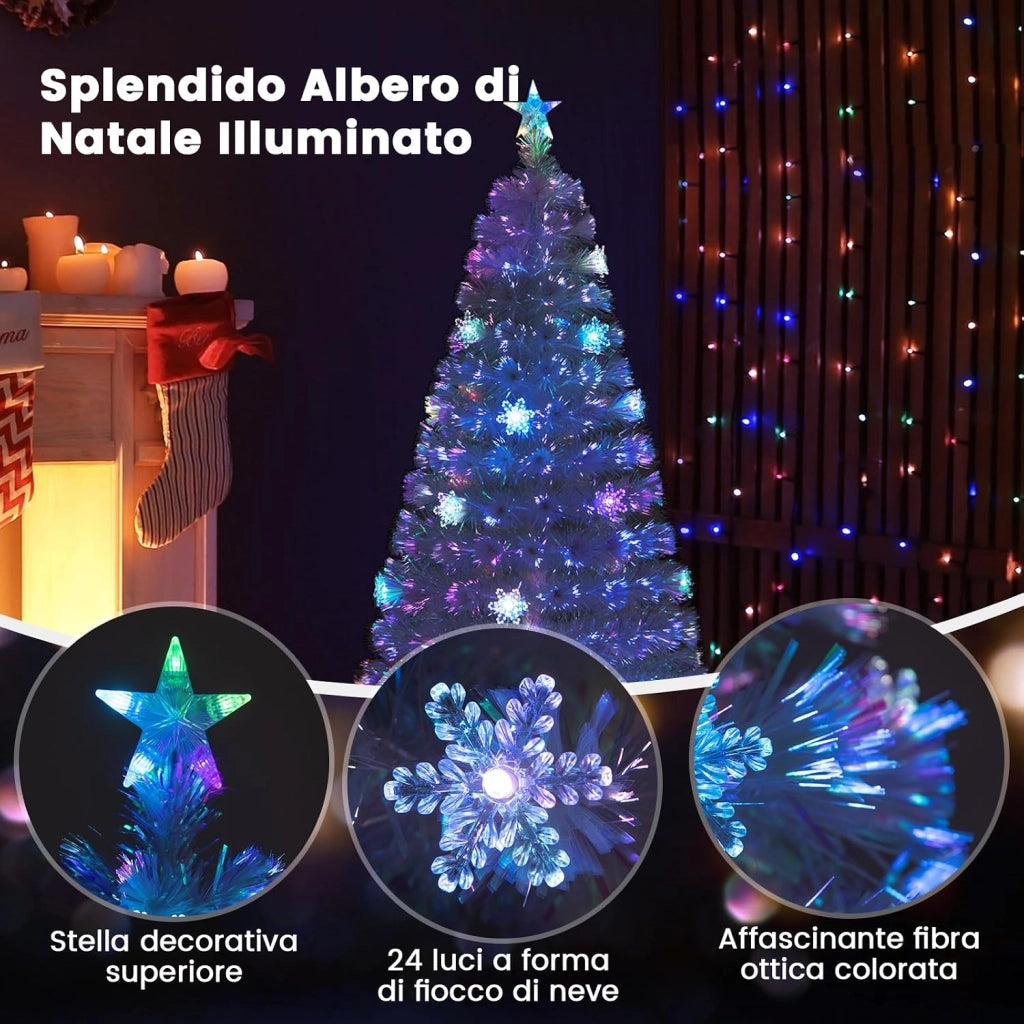 Albero di Natale Pre-illuminato in Fibra Ottica 120/150/180/210 cm, Albero di Natale Bianco con Foglie Iridescenti, Luci a LED a Fiocco di Neve Multicolore, Luce Superiore a Stella (150 CM)