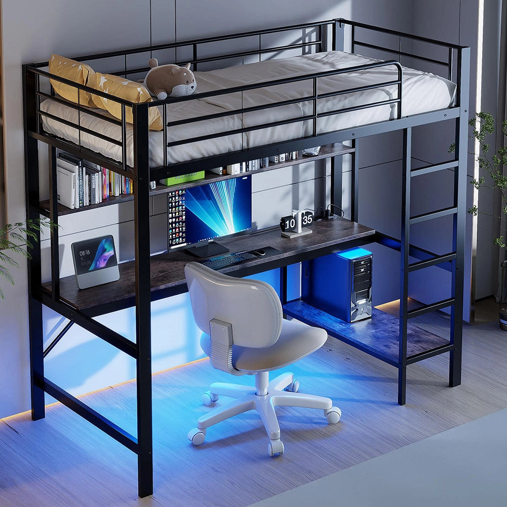 Letto mezzanino 90x200cm - Xylo - nero, USB, LED telecomando, EN747
