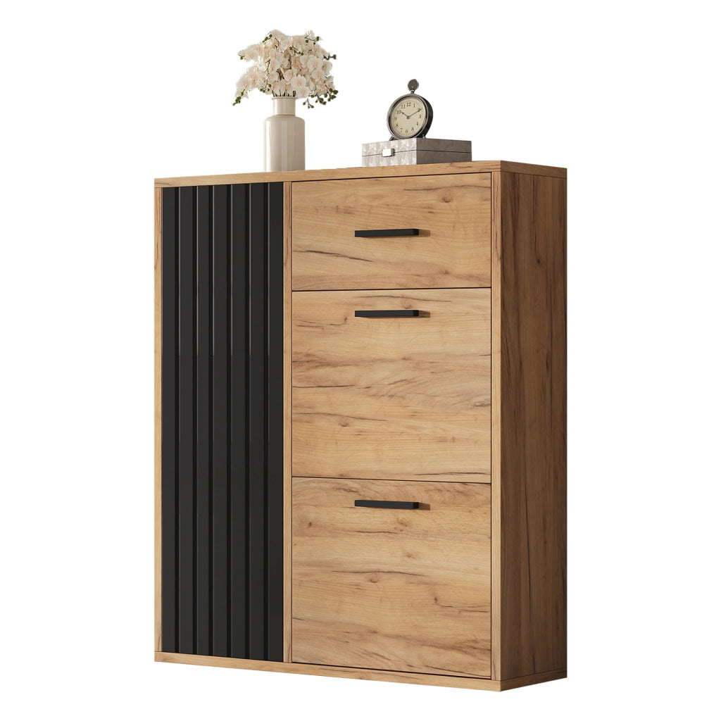 Mobile porta scarpe moderno con cassetto, 3 ante e ripiani regolabili, nero e naturale, 80 x 24 x 95,5 cm
